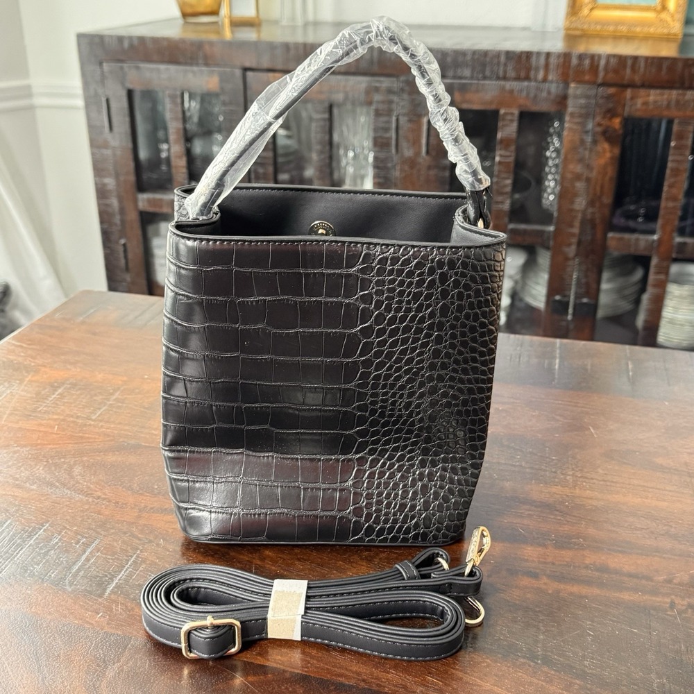 New Aota Elena Crossbody Bucket Bag‎ Black Mock Croc Vegan Leather Rachel Zoe - Picture 2 of 16